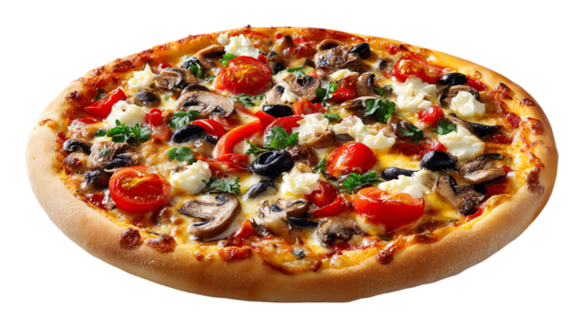 Delicious Pizza: A mouthwatering close-up of a freshly baked pizza, topped with a colorful array of fresh ingredients. The image highlights the enticing textures and flavors.