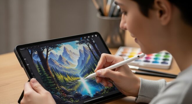 Young artist creating digital painting of mountain landscape on tablet with stylus. Graphic designer drawing illustration. Concept of creativity, technology, art and hobby. - Powered by Adobe