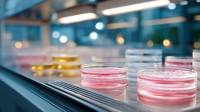 A researcher cultures gene-edited cells for telomere studies in a tissue culture lab, with incubators warming, media bottles aligned, petri dishes stacked, and a sterile hood running, captured in a