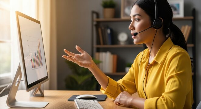 Asian businesswoman with headset presents financial data on a chart during a video conference. Concept of customer service, online meeting, webinar, and remote work from home.