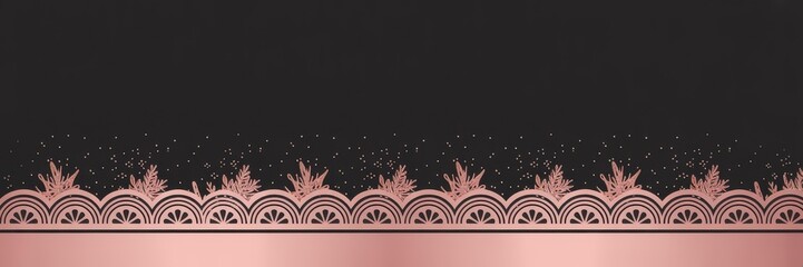 Rose Gold Ornate Scalloped Foil Border with Botanical Cutouts on Black &mdash; Seamless Luxury Wedding/Bridal Invitation Header