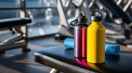 Fitness scene featuring two colorful training bottles on a workout bench, sunlight reflecting off the glossy surface, promoting active lifestyle and hydration, with copy space.