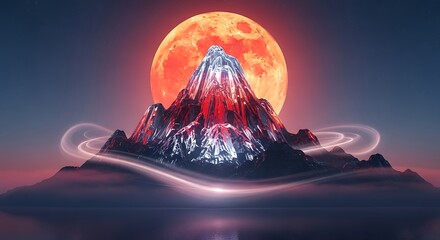 Vibrant Mountain Landscape with Glowing Rings and a Fiery Moon.