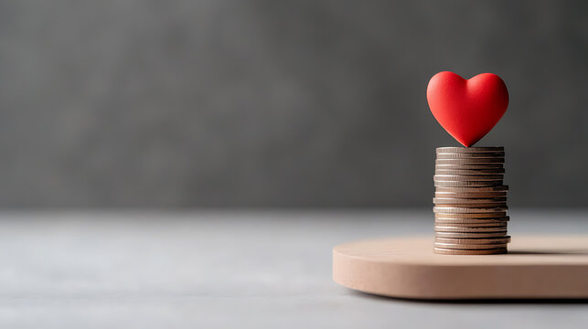 A red heart sits atop a stack of coins, symbolizing the intersection of love and finance. This image evokes themes of investment, generosity, and the emotional value we place on material wealth.