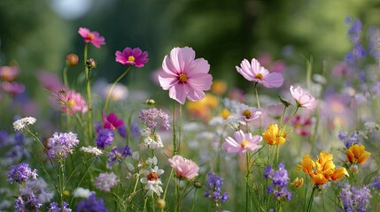 Fototapeta premium Vibrant Wildflower Meadow with Colorful Blossoms in Full Bloom Under Soft Natural Light in a Picturesque Outdoor Setting