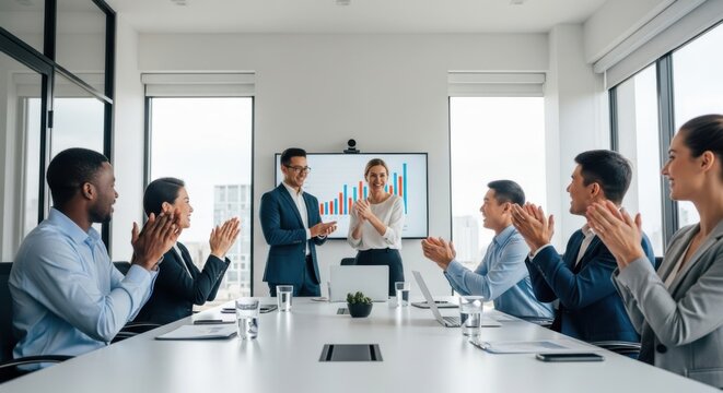 Diverse business team applauding successful presentation in modern office. Colleagues celebrating growth and achievement in a meeting room. Teamwork and corporate success concept. - Powered by Adobe