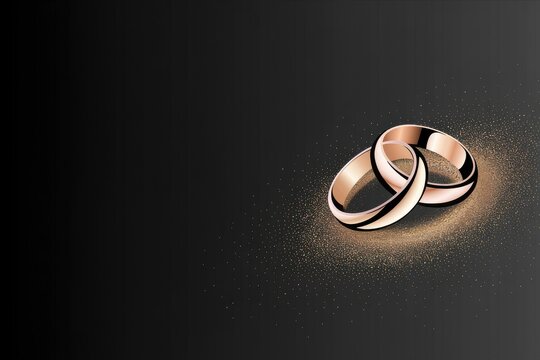 Rose Gold Interlocking Wedding Rings with Gold Glitter on Black Gradient — Luxury Minimalist Close-Up with Copy Space for Wedding & Engagement Invitations, Save-the-Date and Jewelry Banners