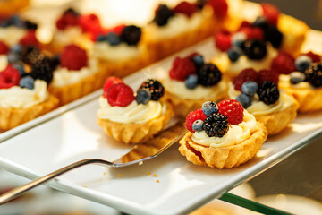 Mini berry tartlets with cream on tray