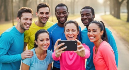 Happy multiethnic friends taking a selfie after jogging. Group of diverse young runners smiling for a photo in the park. Friendship, fitness, active lifestyle, and technology.