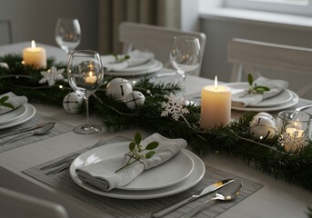 Fototapeta premium Elegant dining table set for a festive winter celebration with candlelight and greenery