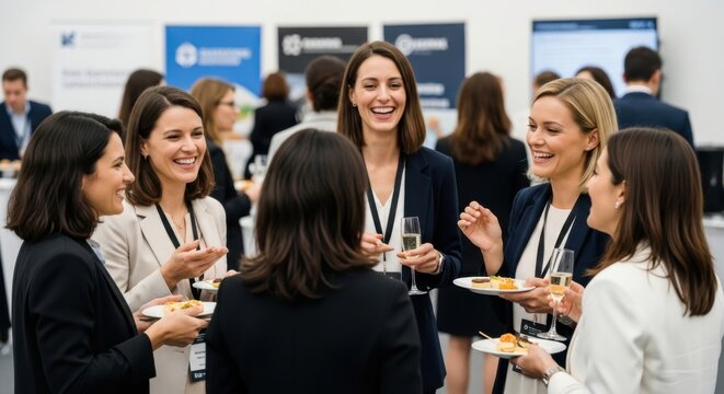 Group of successful businesswomen networking at a corporate event. Happy female colleagues laughing, talking, and celebrating with champagne during a professional conference break.