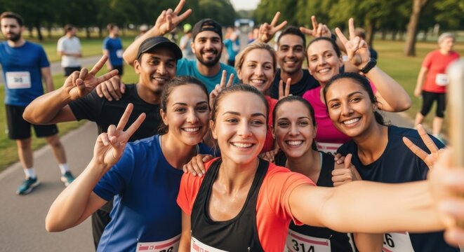 Happy multiethnic group of runners taking a selfie after a marathon. Runners celebrating victory and teamwork, posing together with peace signs for a photo in a park.