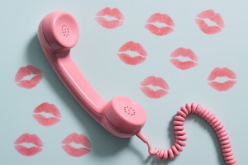 Charming pink retro telephone handset surrounded by romantic lipstick kiss marks creates a nostalgic Valentine's Day communication scene on a soft blue background