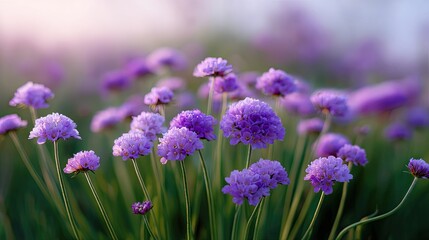 Vibrant Purple Flowers Blooming in a Green Field Under Soft Evening Light with a Bokeh Background Creating a Tranquil and Serene Atmosphere