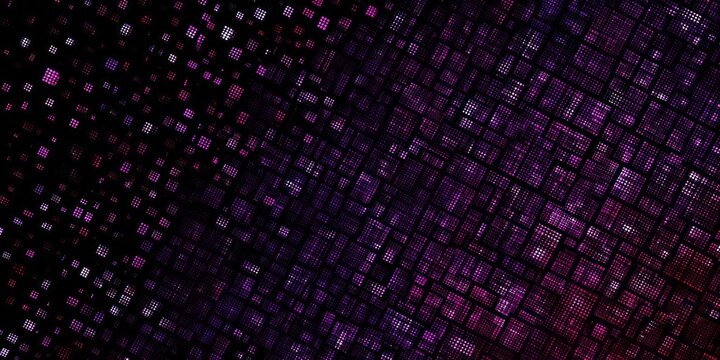 Abstract digital grid pattern presents a deep purple and black glowing mosaic effect