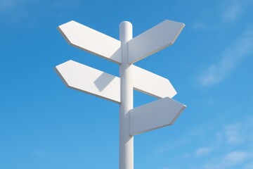 White signpost with blank arrows points skyward, representing crossroads, decisions, and future opportunities under a clear blue sky