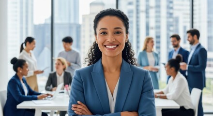 Confident african american businesswoman leader in a modern office. Portrait of a successful smiling female executive with her multi-ethnic team meeting in the blurred background.