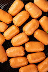 Sausage mini meat portion size fast food natural product tasty snack fresh delicious gourmet food background on table rustic top view copy space