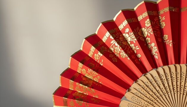 Traditional red Chinese folding hand fan with gold floral design and wooden ribs, illuminated by soft natural light against a neutral background