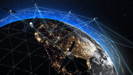 Telecommunication satellites transmit and broadcast digital signals across the surface of the earth. Data transmission via satellite communications. Wireless global network.   © AlinStock