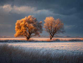 Winter landscape with two trees in golden hour light, snowy field and dramatic stormy sky, fine art photography inspired by Micki Fukuda&rsquo;s style.