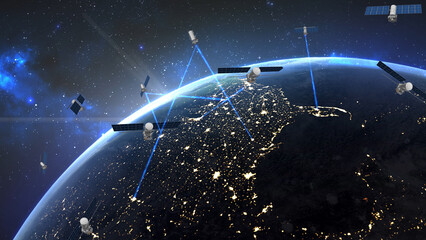 Many satellites in orbit around the Earth, creating a global digital network that connects and exchanges data across the planet. light beams connecting to the surface.
