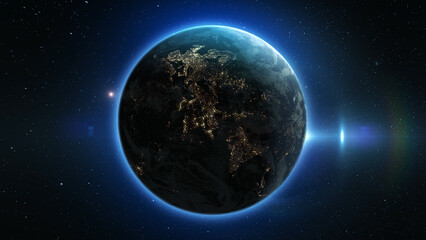 Night planet earth with glowing cities, view from space on the background of stars. Beautiful sunset, setting sun over the spinning globe.

