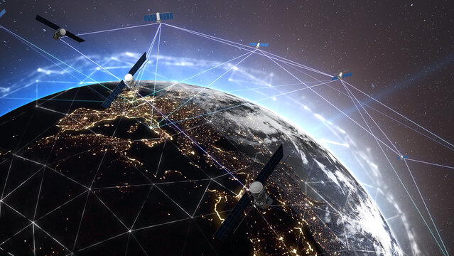 Artificial satellites in Earth orbit receive and transmit digital signals to the planet's surface. Global system, high-speed broadband satellite Internet connection. World Wide Web. 