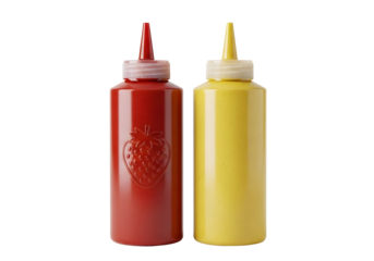 Two squeeze bottles of ketchup and mustard isolated on transparent background