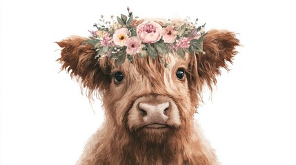 Cute highland cow portrait wearing floral crown on white background perfect for nursery prints rustic decor and modern farm animal illustration concepts