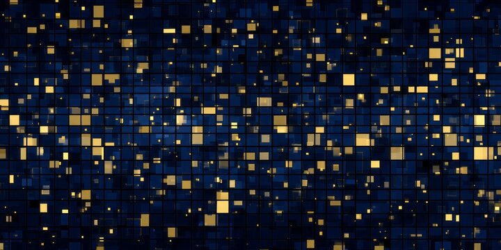 Numerous glowing golden squares are scattered across a dark blue grid background creating a dynamic digital pattern - Powered by Adobe
