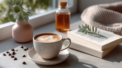 A Flat Lay Photo Of A Cappuccino Cup With Latte Art And Coffee Beans On A Window Sill With A Small Vase And A Stack Of Books