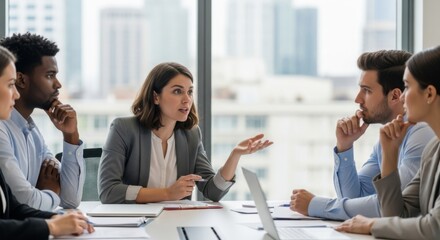 Business meeting discussion teamwork concept, diverse multi-ethnic professionals collaborating in modern office, corporate strategy planning, communication and leadership skills