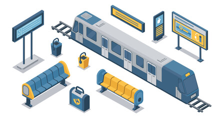 Obraz premium Isometric public transport design with train and urban elements