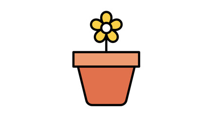 Illustration of a single yellow flower with rounded petals growing in a terra cotta colored pot on a transparent background.