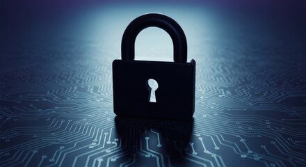 Closed black padlock on a circuit pattern surface - cybersecurity privacy and data protection concept for tech products service pages training materials and campaign headers with clear space for copy