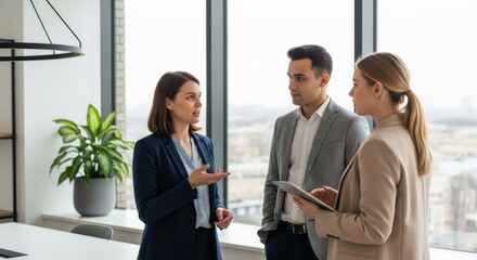 Business meeting and professional discussion in modern office with city view, diverse young coworkers collaborating and exchanging ideas, teamwork and communication concept