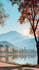 Vibrant Autumn Mountain and Lake Landscape with Buildings Reflected in Clear Water at Sunset