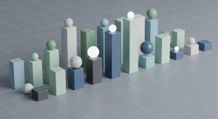 Isometric pastel bars and spheres forming a modern 3D chart - clean analytics and finance visualization for dashboards presentations reports pitch decks and tech headers with room for short copy