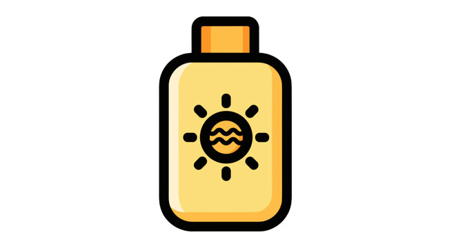 A bottle of sunscreen featuring a sun icon with wavy lines, suggesting protection during outdoor activities.