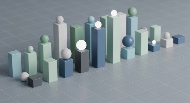 Isometric pastel bars and spheres forming a modern 3D chart - clean analytics and finance visualization for dashboards presentations reports pitch decks and tech headers with room for short copy