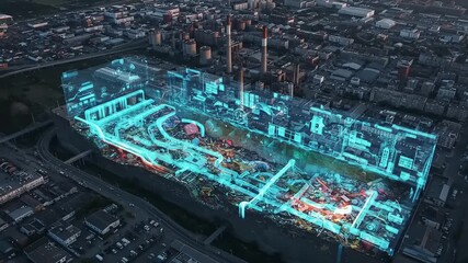 Aerial view of urban landscape with digital overlay - Powered by Adobe