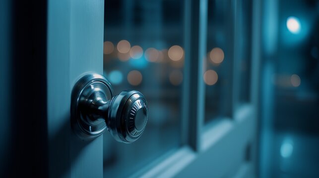 Close-up of a modern metal door handle in moody blue evening light with city bokeh outside, symbolizing opportunity, mystery, and new beginnings. Ideal for banner, copy space use.