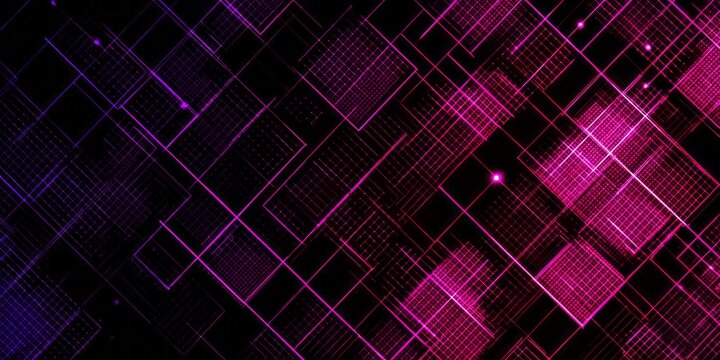 Glowing geometric shapes overlap and intersect across a dark background creating a digital pattern.