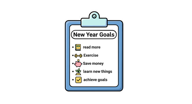 A checklist with new year goals set to read, exercise, save money, learn, and achieve set on a blue clipboard.