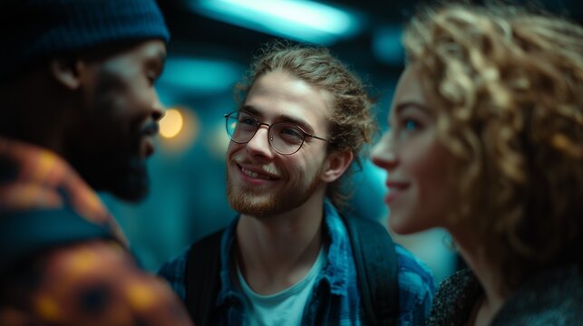 Group of diverse young friends talking and smiling in city lights at night, expressing friendship, connection, communication and modern lifestyle concept. Perfect for social, travel or tech campaigns.