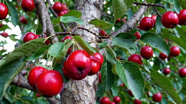 Close-up of red cherries on a branch Harvest scene on a cherry tree