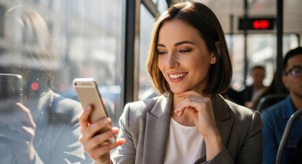 Young professional woman smiling and using smartphone while traveling on modern city bus commuting, digital connectivity and urban lifestyle concept, public transport