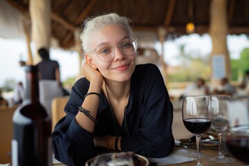 Young caucasian female enjoying a restaurant meal with wine