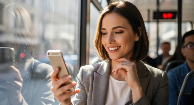 Young professional woman smiling and using smartphone while traveling on modern city bus commuting, digital connectivity and urban lifestyle concept, public transport